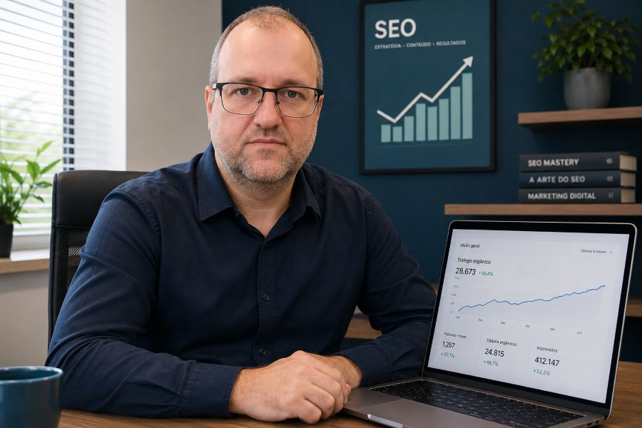 Consultor SEO brasileiro analisando dashboard de crescimento orgânico