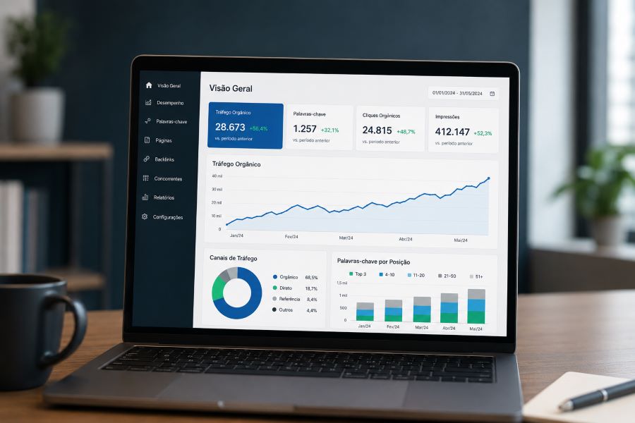 Dashboard de analytics mostrando crescimento de tráfego orgânico